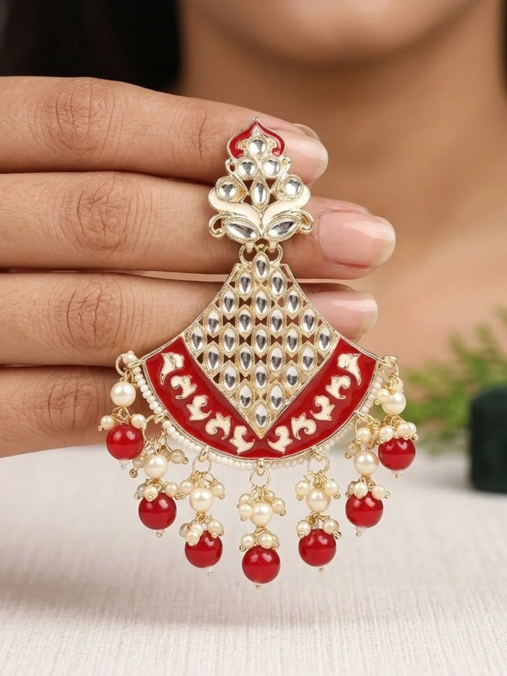 Red Meenakari Kundan Chandbali Earrings | Traditional Indian Bridal Dangles